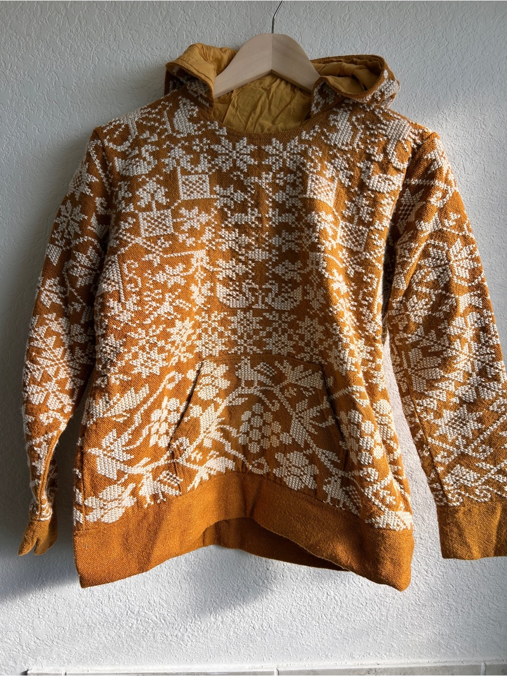Women’s Mexican Puebla Handmade & embroidered Mustard & Cream Hooded Knit Jacket